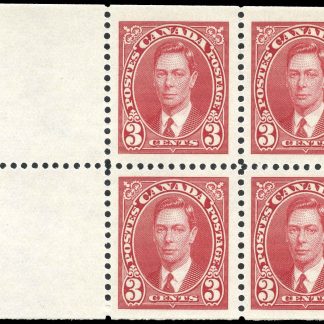 Canada Stamp #233a - King George VI (1937) 4 x 3¢ Booklet pane of 4 x 3¢ (233as) + 2 labels, (BK30, 31)