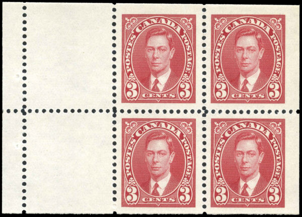 Canada Stamp #233a - King George VI (1937) 4 x 3¢ Booklet pane of 4 x 3¢ (233as) + 2 labels, (BK30, 31)