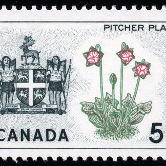 Canada Stamp #427i - Newfoundland, Pitcher Plant (1966) 5¢ "Broken stamen", 4 types (pos. 13, 37, 39, 41)