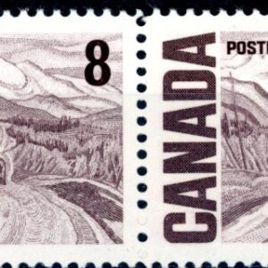 Canada Stamp #461iii - Alaska Highway, by A.Y. Jackson (1967) 8¢ ''Plastic Flow'' variety, doubling of ''8'', DF, DEX