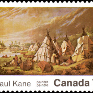 Canada Stamp #553i - Indian Encampment on Lake Huron (1971) 7¢ Variety "stroke on teepee" (1st column)