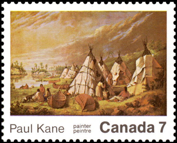 Canada Stamp #553i - Indian Encampment on Lake Huron (1971) 7¢ Variety "stroke on teepee" (1st column)