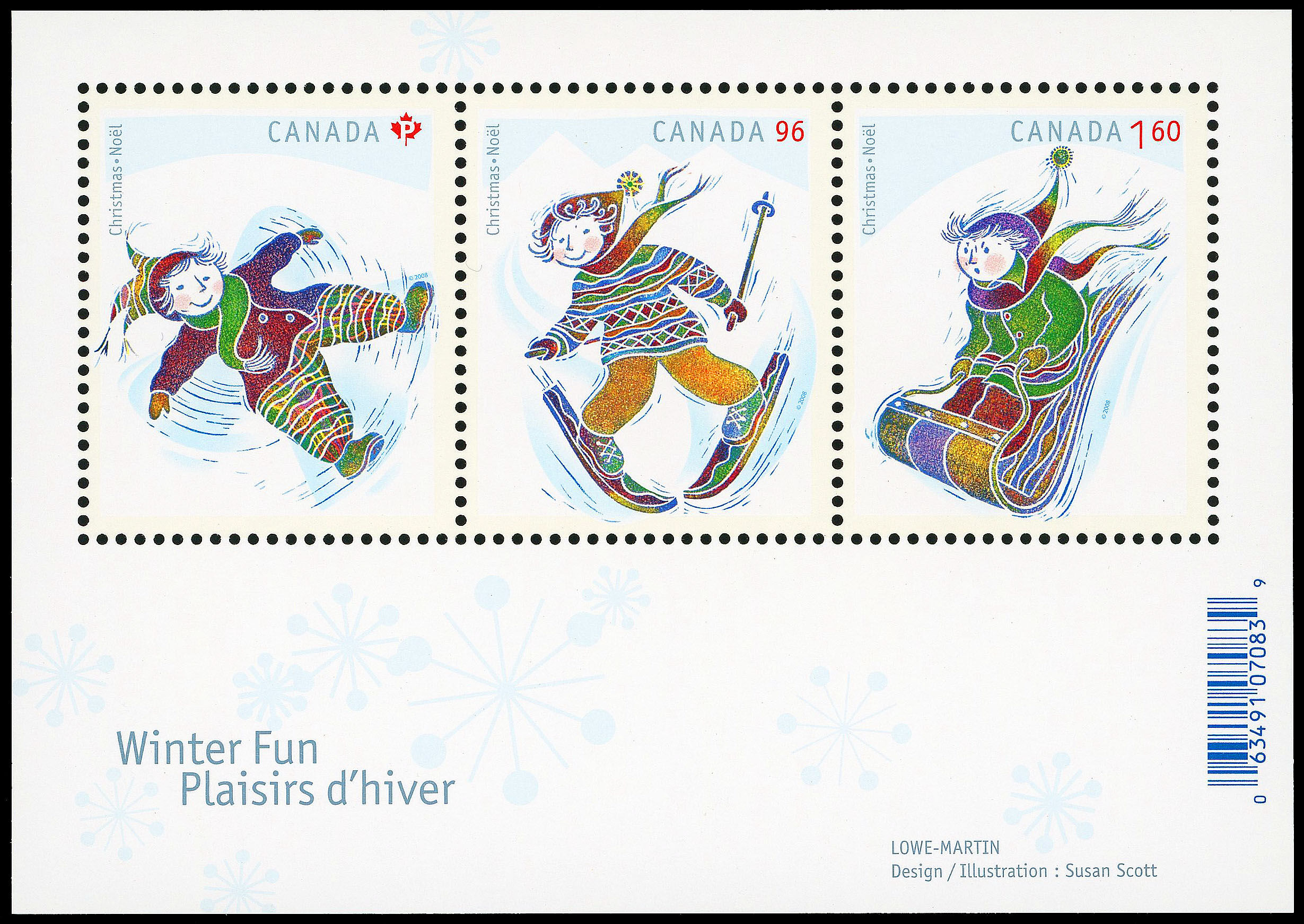 Canada Stamp #2291 - Christmas (2008) 1 x (P), 1 x 96¢, 1 x $1.60 Souvenir sheet of 3