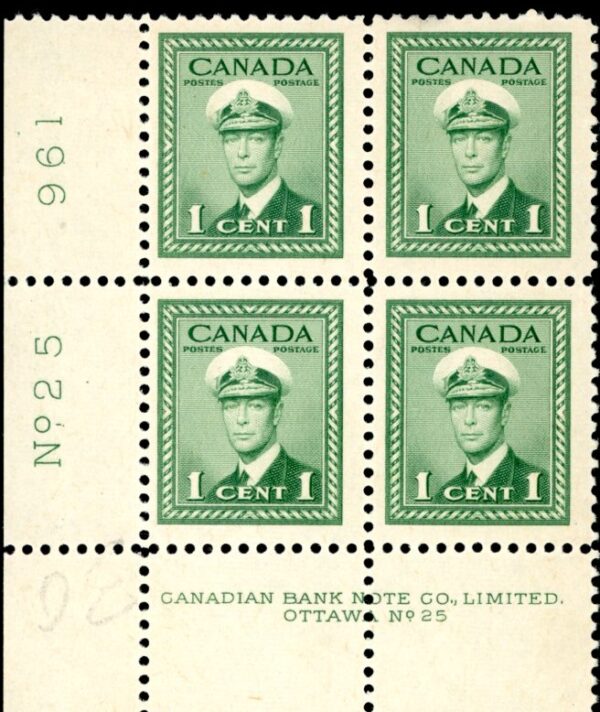 Canada Stamp PLATE BLOCK#249 - King George VI in Navy Uniform (1942) 1¢ -PL 30 OR 31