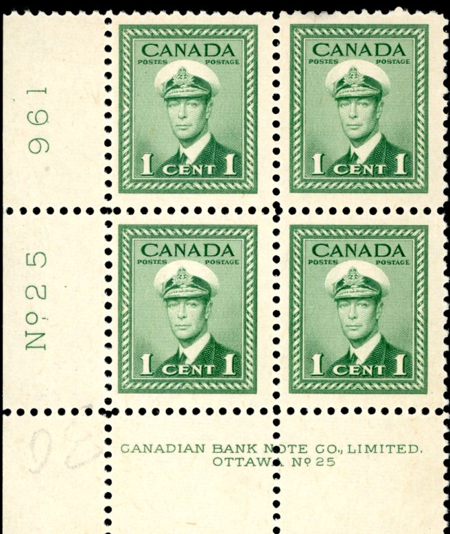 Canada Stamp PLATE BLOCK#249 - King George VI in Navy Uniform (1942) 1¢ -PL 30 OR 31
