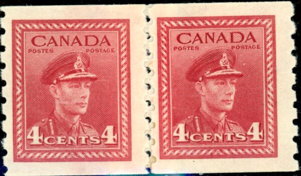 Canada Stamp #267re-pa - King George VI (1943) 2 x 4¢ Repair paste-up pair