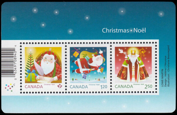 Canada Stamp #2796 - Santa (2014) $4.55 Souvenir sheet of 3 stamps (2769a, 2796b, 2796c)