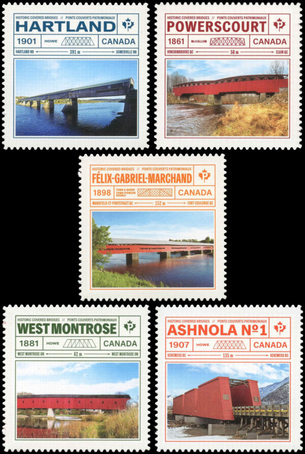 Canada Stamp #3181i-85i - Historic Covered Bridges (2019) 5 x P (90¢) Set of 5, die cut to shape from Quarterly Pack