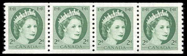 Canada Stamp #345i - Queen Elizabeth II (1954) 4 x 2¢ Jump strip of 4