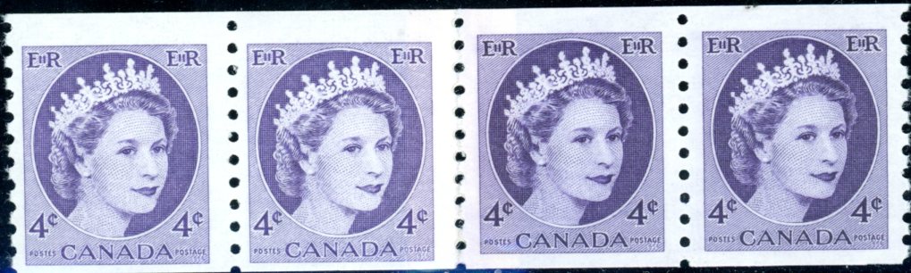 Canada Stamp #347V incl. 347iii -REPAIR PASTE UP - Queen Elizabeth II (1954) 4¢ HB, Jump strip of 4