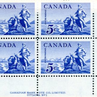 Canada Stamp plate block#378 - Le Vérendrye Statue (1958) 5¢