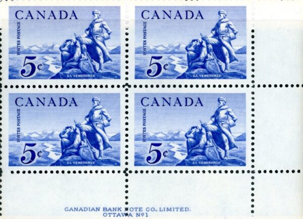 Canada Stamp plate block#378 - Le Vérendrye Statue (1958) 5¢