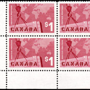 Canada PLATE BLOCK #411i - Crane and Map (1963) $1 Low Fluorescence