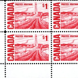 Canada Stamp PLATE BLOCK#465Bi - Edmonton Oil Field, by H.G. Glyde (1967) $1 NF, DEX