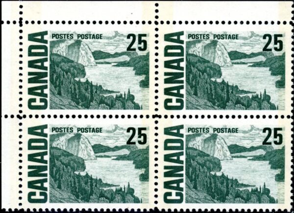 Canada CORNER BLOCK #465p - Solemn Land, by J.E.H. MacDonald (1969) 25¢ W2B, DF, DEX