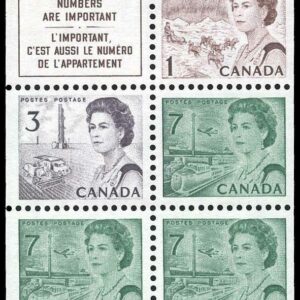 Canada Stamp #543a - Queen Elizabeth II & Transportation (1971) 1 x 1¢, 1 x 3¢, 3 x 7¢ Booklet pane of 5 + 1 label, 1 x 1¢ (454ei) + 1 x 3¢ (456ai) + 3 x 7¢ (543x), DF, PVA, (BK66, 68)