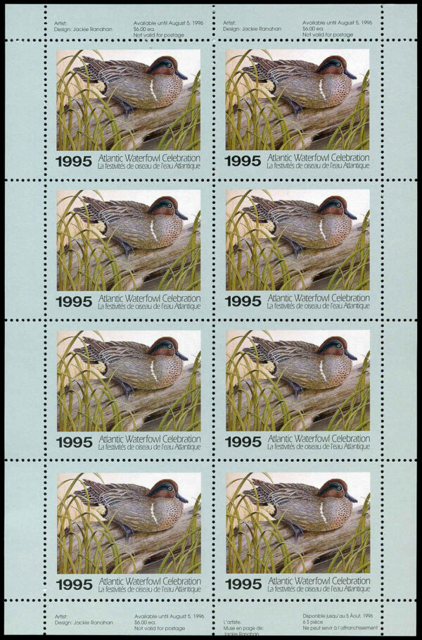 Atlantic Waterfowl Celebration Stamp #ATC1f - Green-Winged Teal by Julie Schapman (1995) 8 x $6 sheet of 8