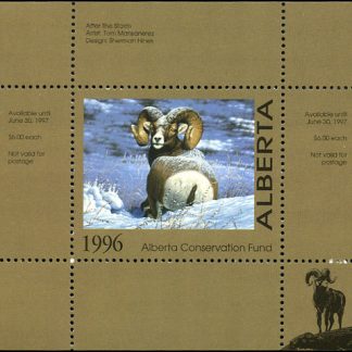 AWF1* -- Alberta Wildlife Conservation stamp 1996 Big Horn Sheep by Tom Mansarez. Single mini sheet with matching folder