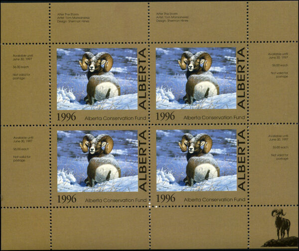 AWF1b -- Alberta Wildlife Conservation stamp 1996 Big Horn Sheep by Tom Mansarez. mini sheet of 4