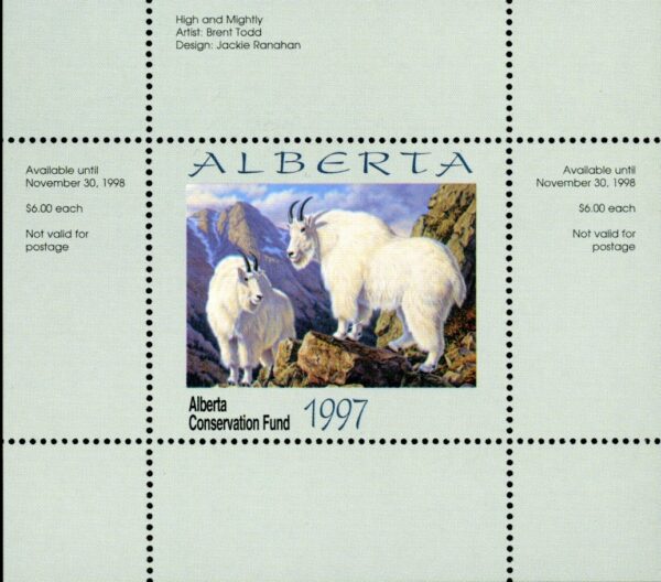 AWF2 -- Alberta Wildlife Conservation stamp 1997 Rocky Mountain Goat by Brent Todd. mini sheet