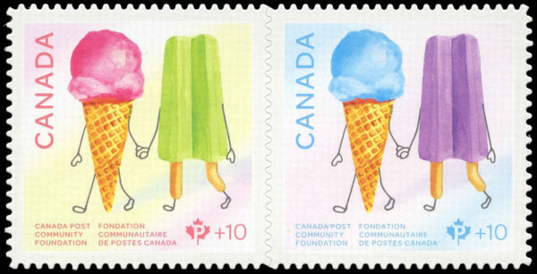 Canada Stamp - B - Semi Postal #B29i - Canada Post Community Foundation (2019) 2 x (P (90¢) + 10¢) Horizontal se-tenant pair (B28-9), die cut to shape from Quarterly Pack/Annual Collection