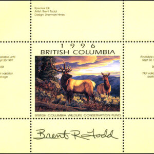 BCC2a* - British Columbia Conservation 1996 Elk by Brian Todd. Single mini sheet with matching folder - artist signed