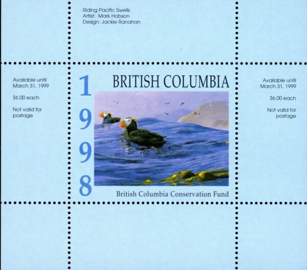 BCC4* -- British Columbia Conservation 1998 Tufted Puffins by M. Hobson. mini sheet with matching folder