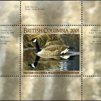 BCC7* -- British Columbia Conservation 2001 Canada Goose by Mia Lane. Single mini sheet with matching folder