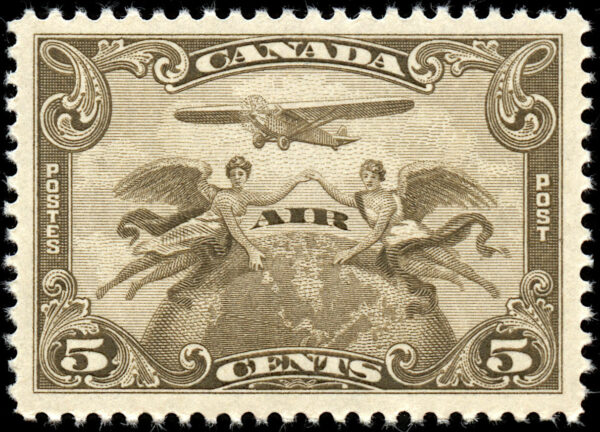 Canada Stamp - C - Air Mail #C1 - Two winged figures against globe (1928) 5¢ (GRADE FVF-MNH)