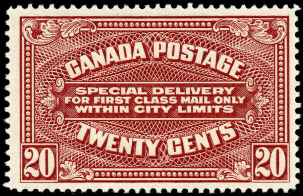 Canada Stamp - E - Special Delivery #E2 - Special Delivery Stamps (1922) 20¢ Dry printing, 42½ mm wide VFNH