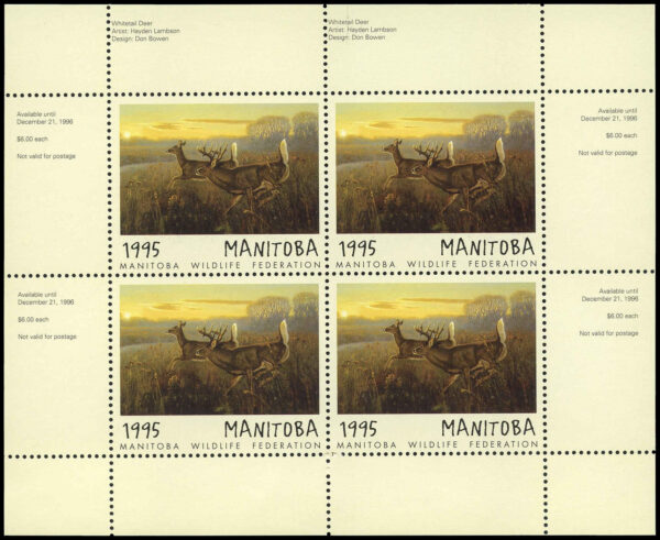 Manitoba Wildlife Federation Stamp #MWF2b - Whitetail Deer by hayden Lambson (1995) Miniature sheet of 4