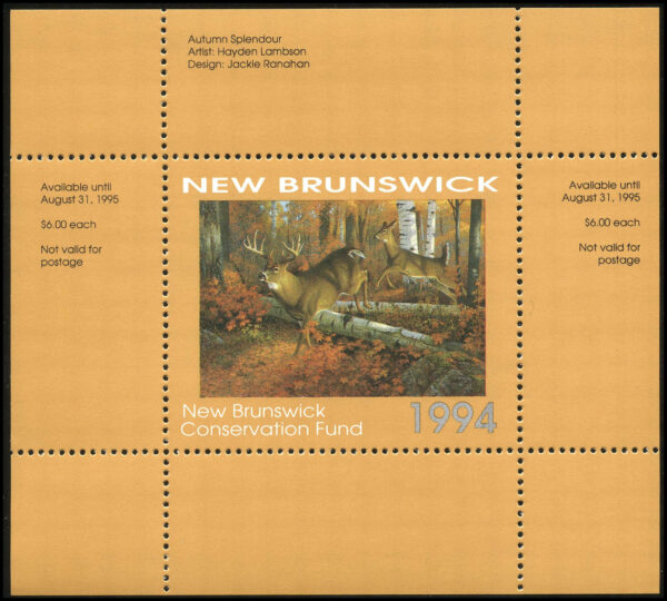 New Brunswick Conservation Fund Stamp #NBW1 - White Tail Deer by Hayden Lambson (1994) - Image 2