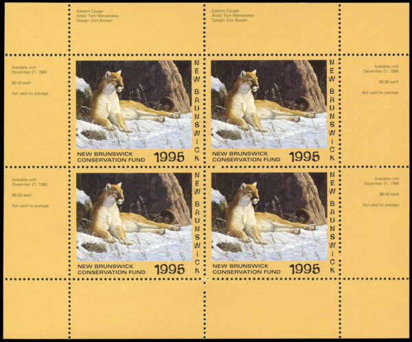 New Brunswick Conservation Fund Stamp #NBW2b - Eastern Cougar by Tom Mansanarez (1995) Miniature sheet of 4