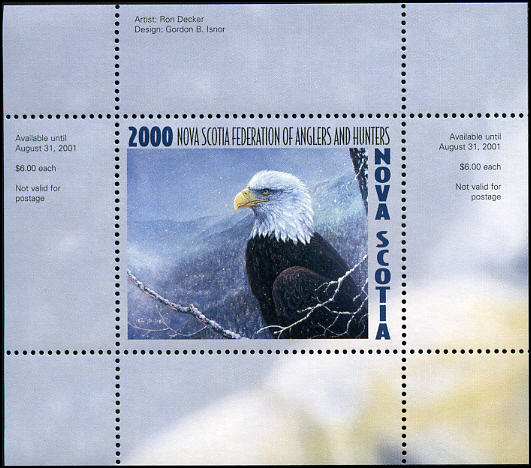 NSW9* -- Nova Scotia Wildlife Conservation 2000 Bald Eagle by Ron Decker. Single mini sheet with matching folder