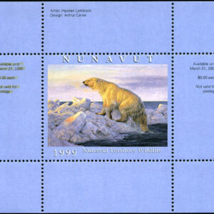 Nunavut Wildlife Conservation 1999 Polar Bear by Hayden Lambson. NUW1 Single mini sheet with matching folder