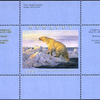 Nunavut Wildlife Conservation 1999 Polar Bear by Hayden Lambson. NUW1 Single mini sheet with matching folder