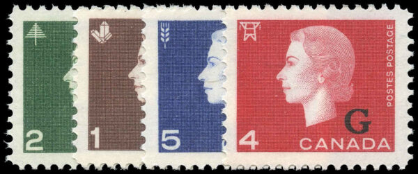 Canada Stamp - O - Official #O46-O49 - [SET] Queen Elizabeth II "Cameo" Portrait (1963) 1¢, 2¢, 4¢, 5¢ Series of 4, Overprinted G
