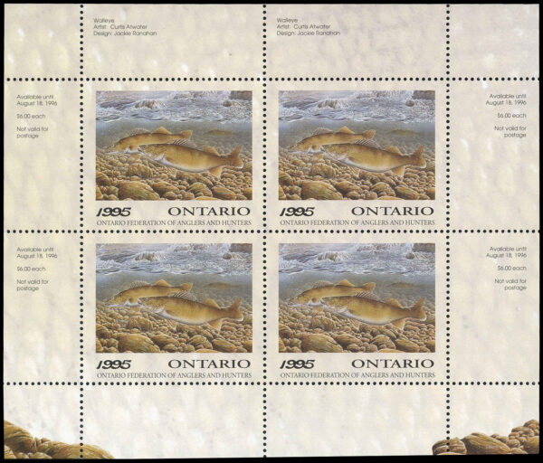 Ontario Federation of Anglers & Hunters Stamp #OW3b - Walleye by Curtis Atwater (1995) 4 x $6 Miniature sheet of 4