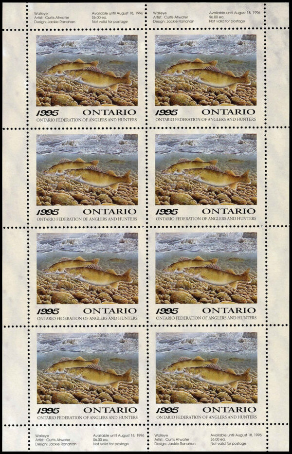 Ontario Federation of Anglers & Hunters Stamp #OW3F - Walleye by Curtis Atwater (1995) 8 x $6 Sheet of 8
