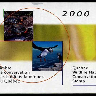 Quebec Wildlife Habitat Conservation Stamp #QW13a - Atlantic Puffin by Clodin Roy and Wood Turtle by Patricia Pepin (2000) 2 x $10 Mini pane of 2 in booklet surcharged world wildlife fund
