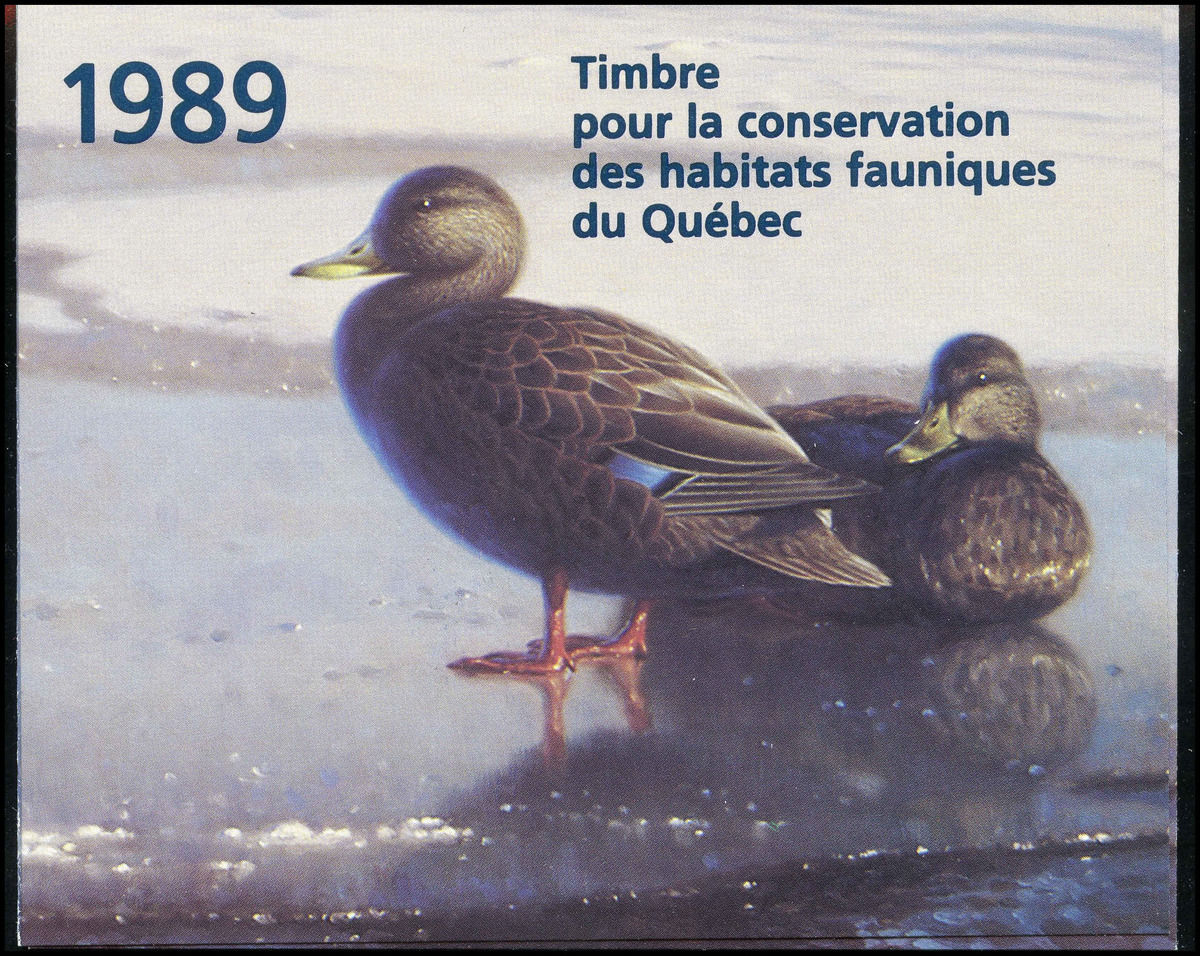Quebec Wildlife Habitat Conservation Stamp #QW2 - Black Ducks by Claudio D'agelo (1989) $5 Single mini sheet in Booklet
