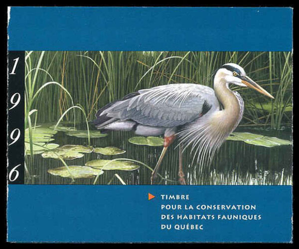 Quebec Wildlife Habitat Conservation Stamp #QW9B - Great Blue Heron by Jean-Charles Daumas (1996) $7.50 Single mini sheet Surcharge for Capex 1996 show