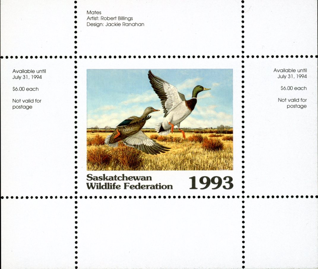 SW4* -- Saskatchewan Wildlife Conservation 1993 Mallards by Robert Billings. mini sheet with matching folder