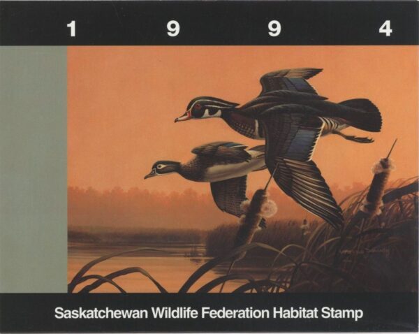 Saskatchewan Wildlife Federation Stamp #SW5 - Wood Ducks by Wayne Dowdy (1994) 6$