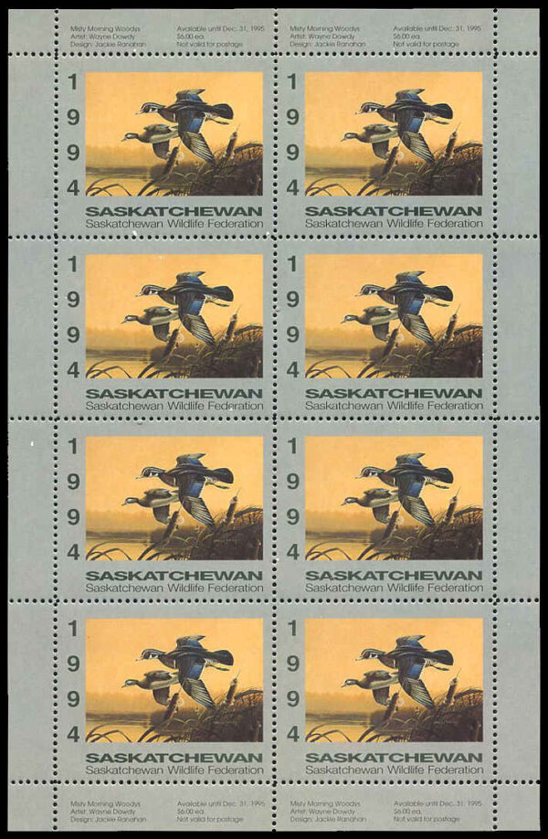 Saskatchewan Wildlife Federation Stamp #SW5f - Wood Ducks by Wayne Dowdy (1994) 8 x $6 Sheet of 8