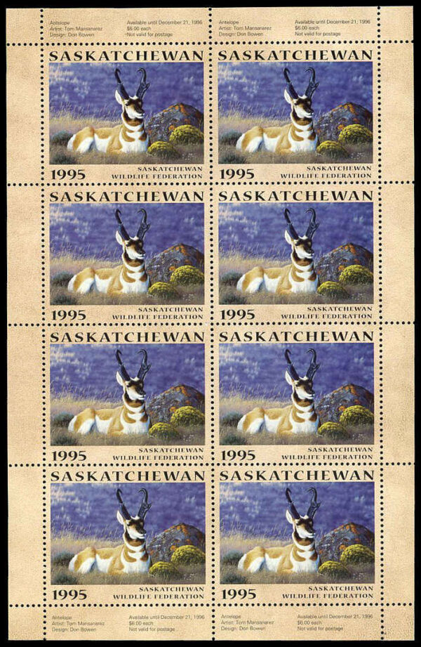 Saskatchewan Wildlife Federation Stamp #SW6f - Antelopes by Tom Mansanarez (1995) 8 x $6 Sheet of 8