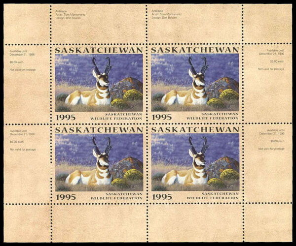 Saskatchewan Wildlife Federation Stamp #SW6b - Antelopes by Tom Mansanarez (1995) 4 x $6 Miniature sheet of 4