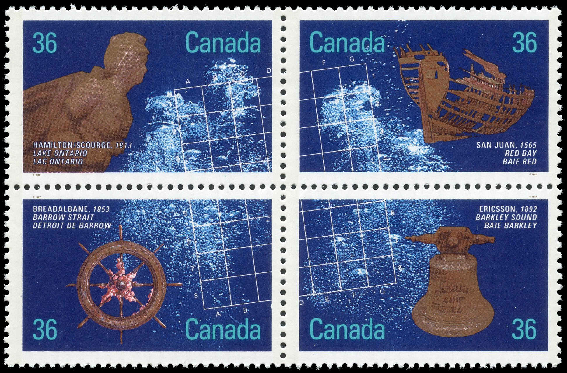 Canada Stamp #1144ai - Shipwrecks (1987) 4 x 36¢ Se-tenant block (1141-1144) (DF back)