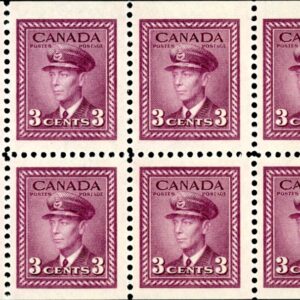 Canada Stamp #252c - King George VI in Airforce Uniform (1947) 6 x 3¢ Booklet pane of 6 x 3¢ (252as), (BK 39)