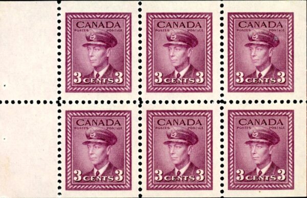 Canada Stamp #252c - King George VI in Airforce Uniform (1947) 6 x 3¢ Booklet pane of 6 x 3¢ (252as), (BK 39)